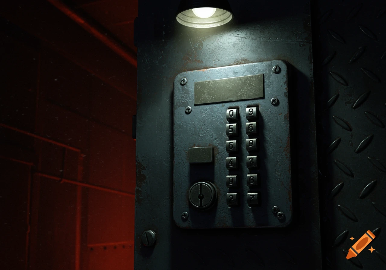 Close-up of a weathered industrial keypad with glowing numbers and a keyhole, illuminated by a single overhead light, on a dark, red-tinged wall.