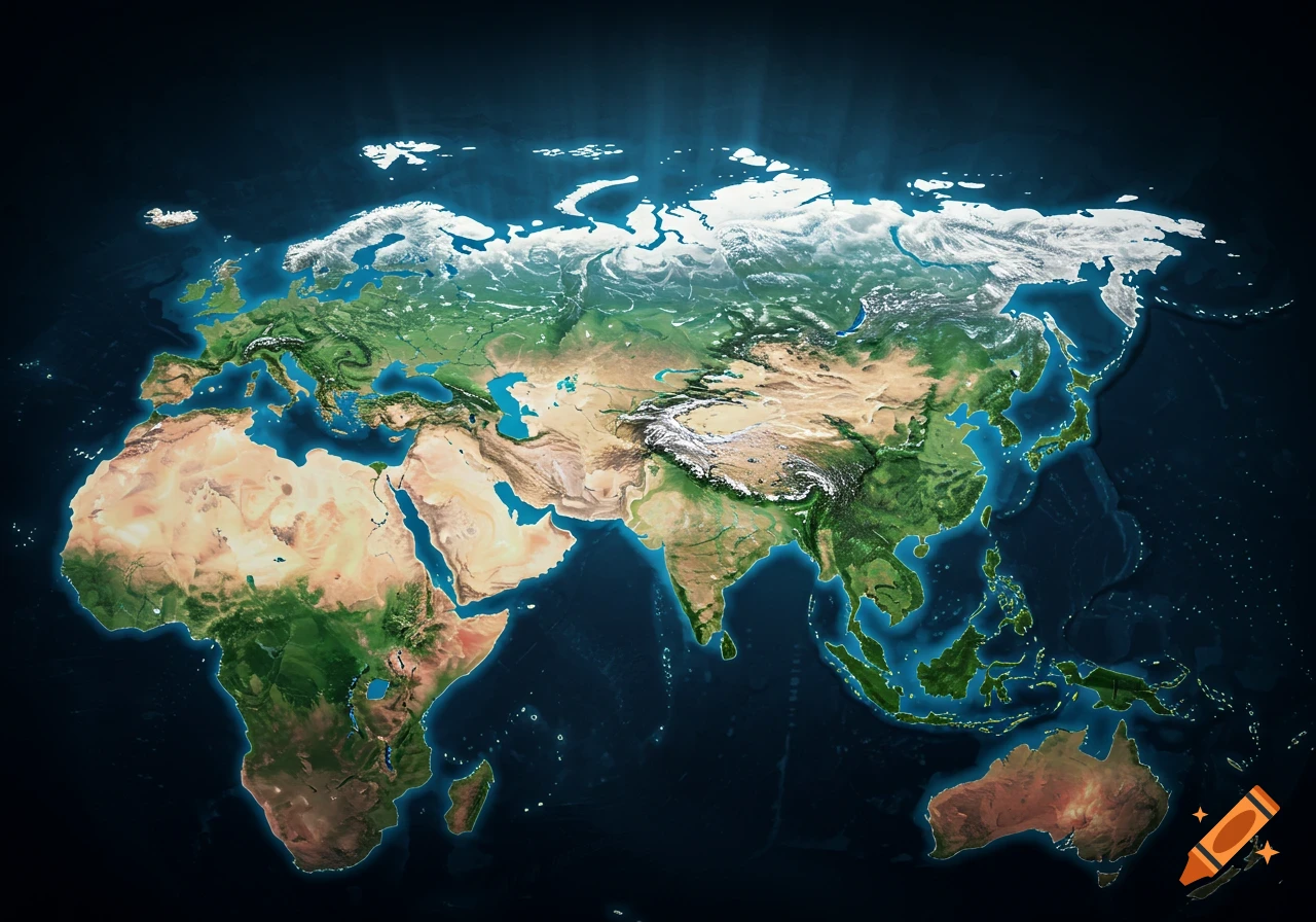 A detailed, relief-style map showing Europe, Asia, and Africa with distinct geographical features.