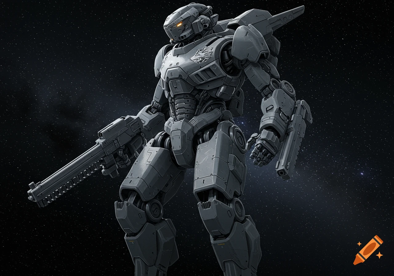 A detailed, slim gray humanoid mecha robot with a wolf motif on its chest, holding a railgun, standing in a star-filled space void.