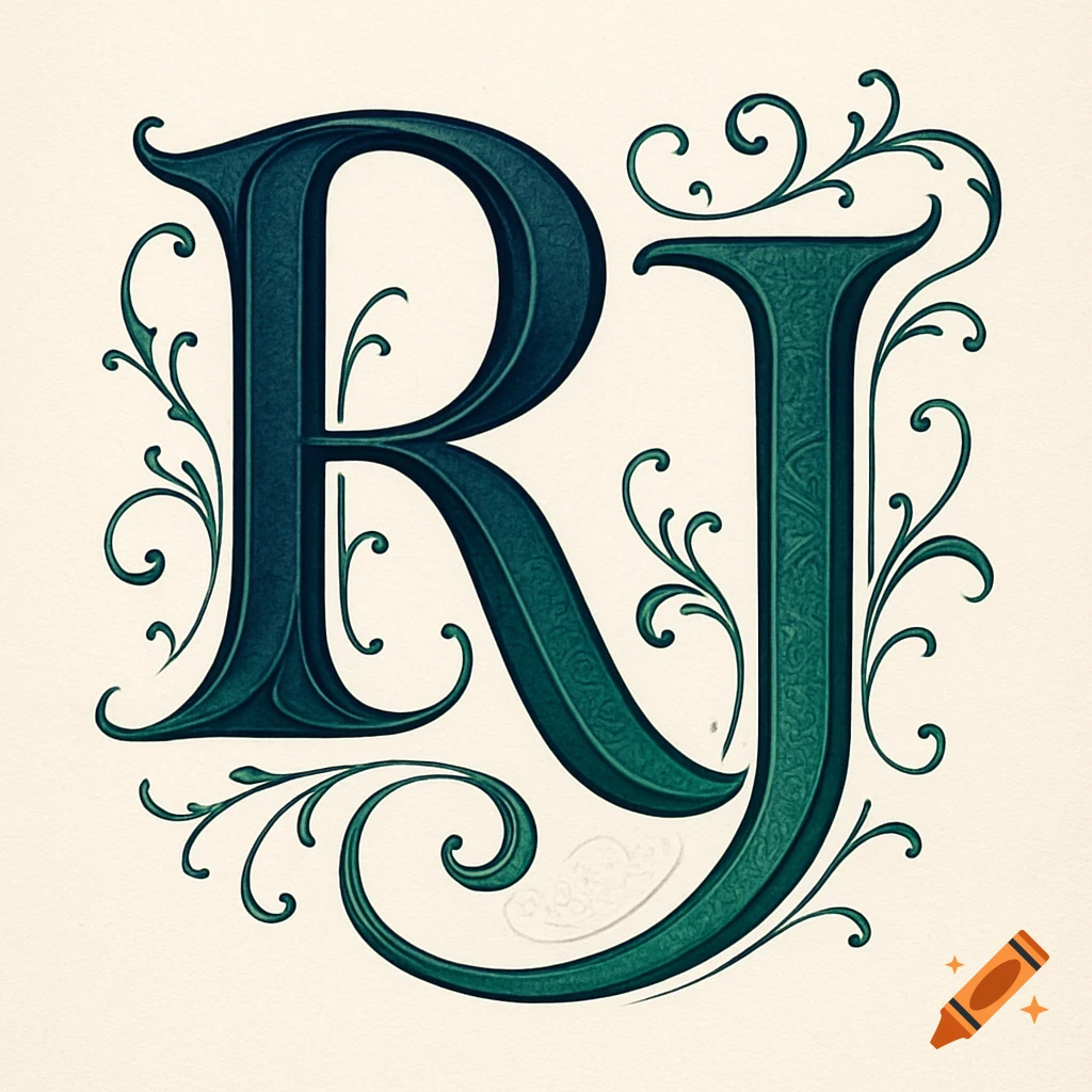 Ornate deep teal green uppercase letters 'R' and 'J' entwined with elegant swirling vines on a cream background.