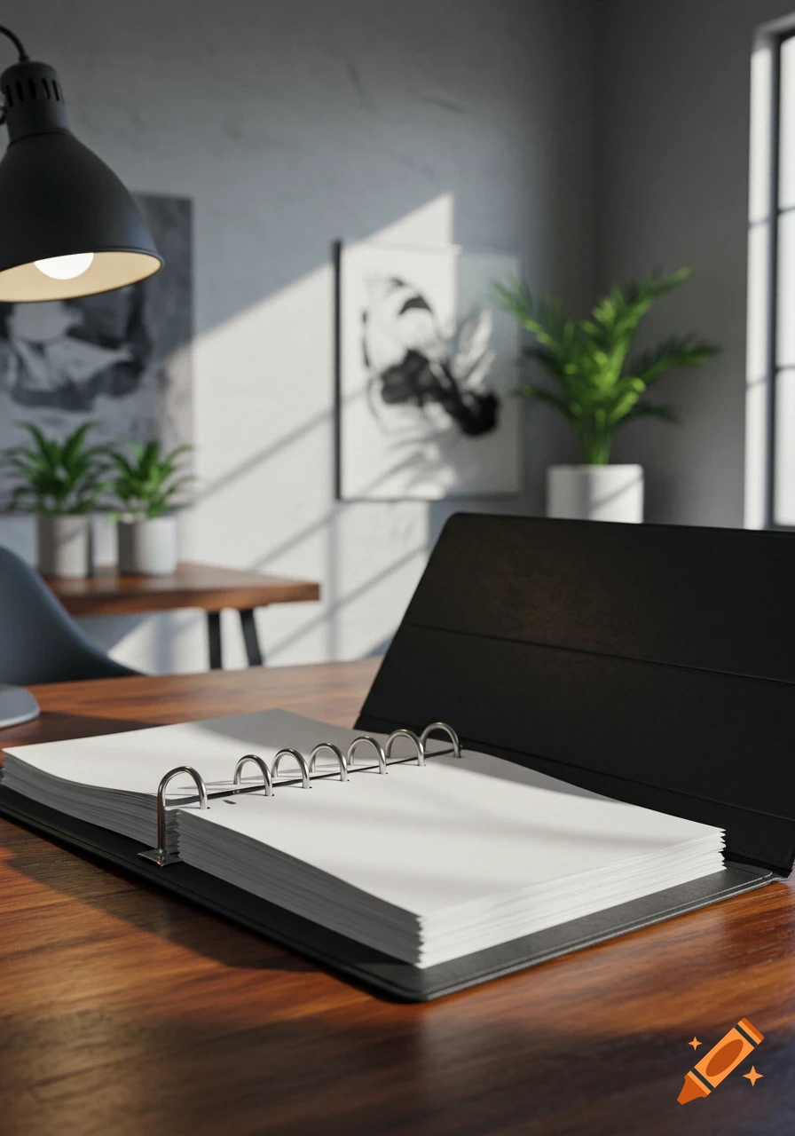 Open black binder on a wooden desk with a black lamp, potted plants, and abstract art in a sunlit office.