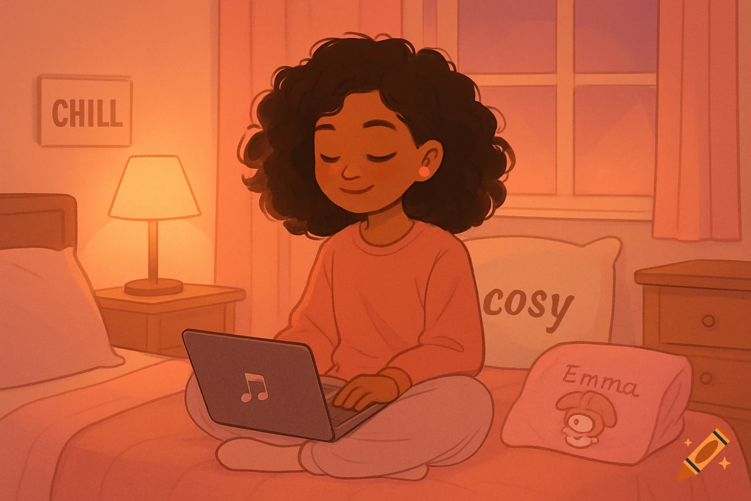 An animated-style girl with curly hair sits cross-legged on a bed with a laptop, surrounded by warm orange light. A pillow reads "cosy" and a sign on the wall says "CHILL".
