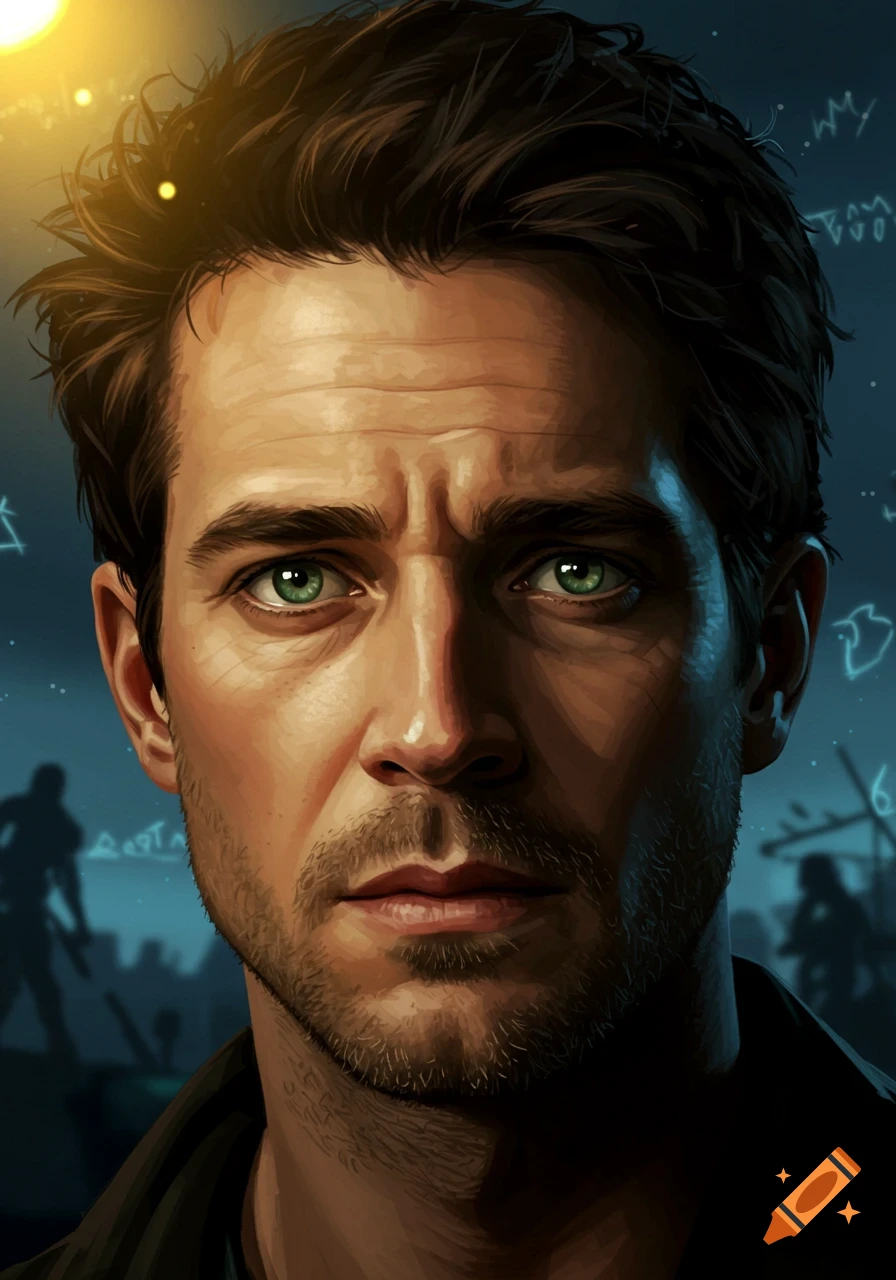 A detailed digital painting of a man's face with green eyes, a concerned expression, and a dark, sci-fi/fantasy background with glowing symbols and blurred figures.