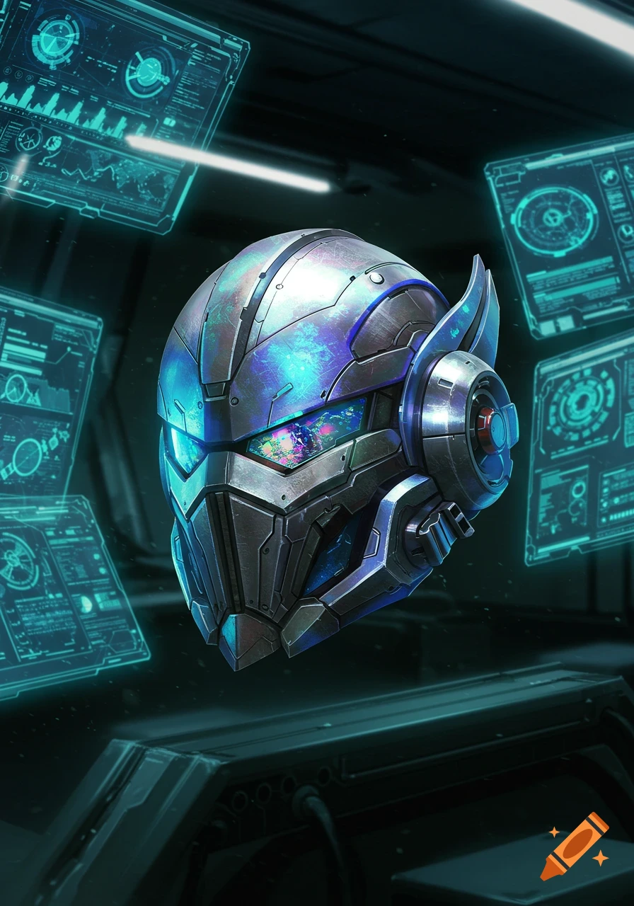 A close-up of a detailed, metallic futuristic helmet with blue glowing accents, surrounded by several holographic data screens in a dark, high-tech setting.
