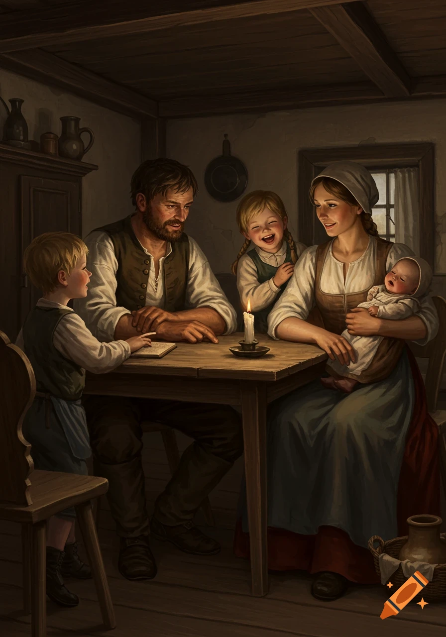 A historical Danish peasant family of five, including parents, a baby, and two older children, gathers around a candle-lit table in their rustic home.
