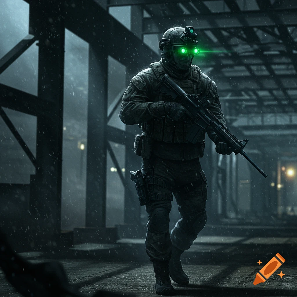 A photorealistic image of a special forces soldier in tactical gear, carrying a rifle, in a rainy, dimly lit industrial setting.