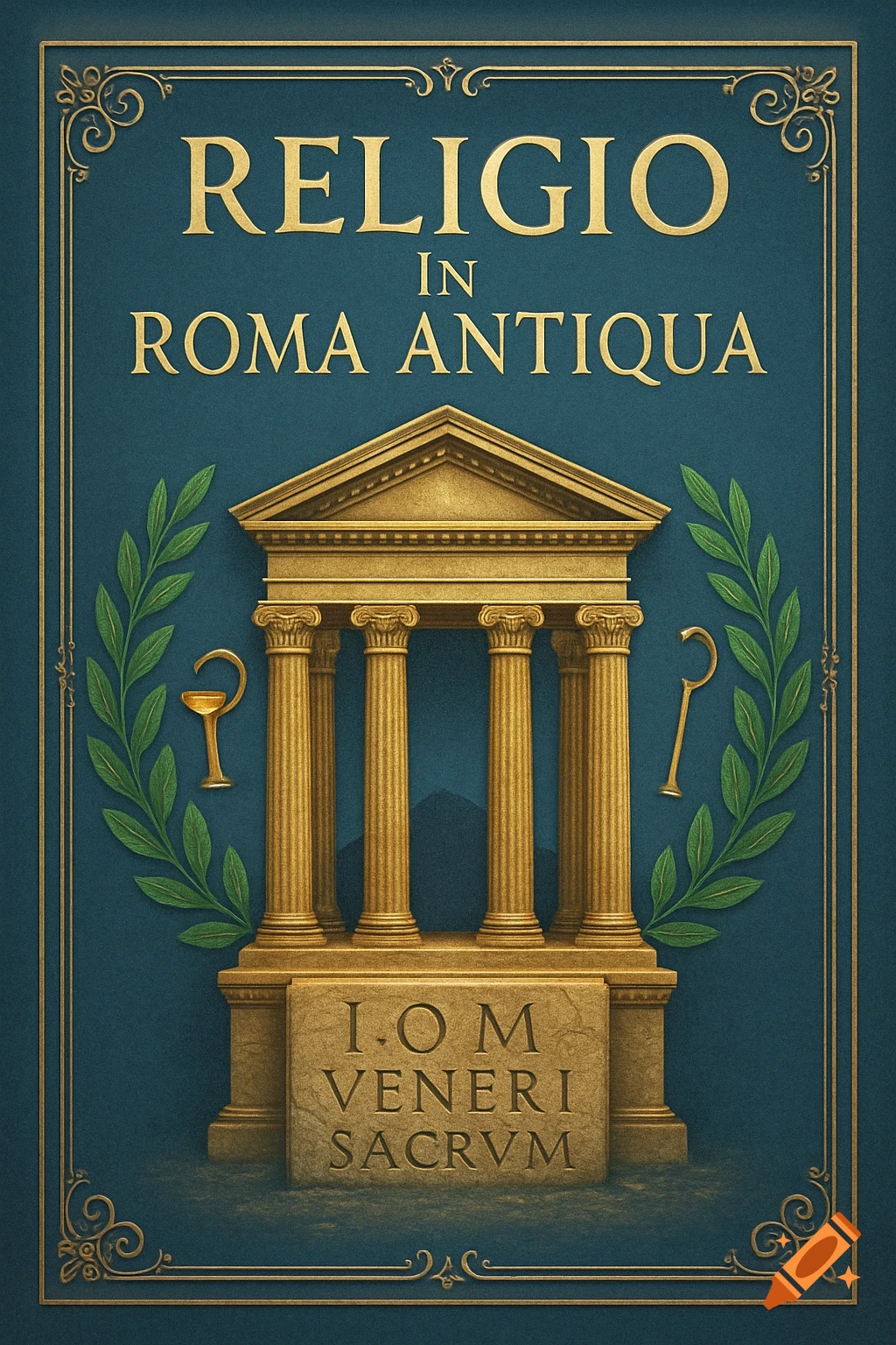 A stylized book cover on a dark teal background with gold and green accents, featuring a gold temple structure and the Latin text "RELIGIO IN ROMA ANTIQUA" and "I.O.M VENERI SACRVM"