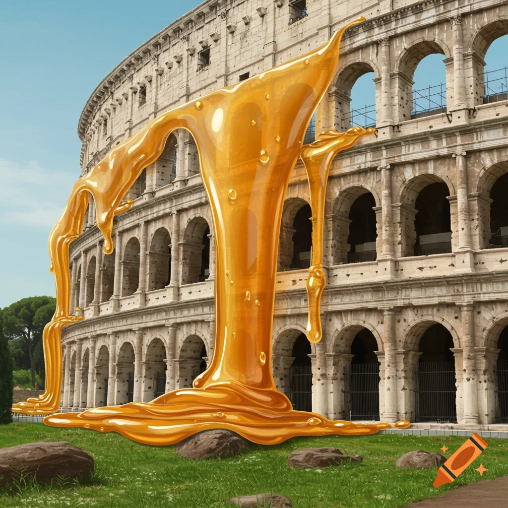 The ancient Roman Colosseum is covered in a cascade of golden, dripping honey, pooling on a grassy lawn under a blue sky.