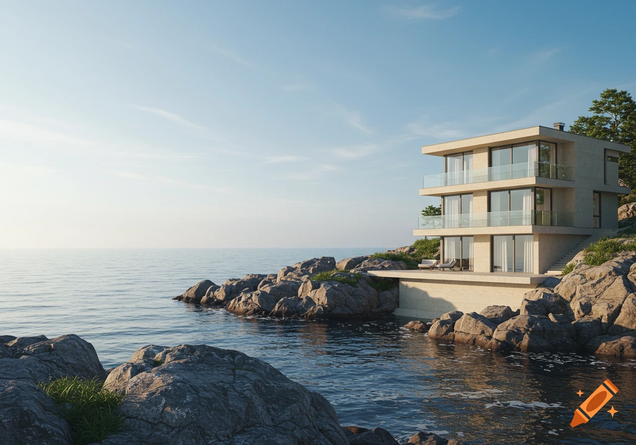 Photorealistic image of a modern three-story house perched on rugged rocks overlooking a calm sea under a clear morning sky.