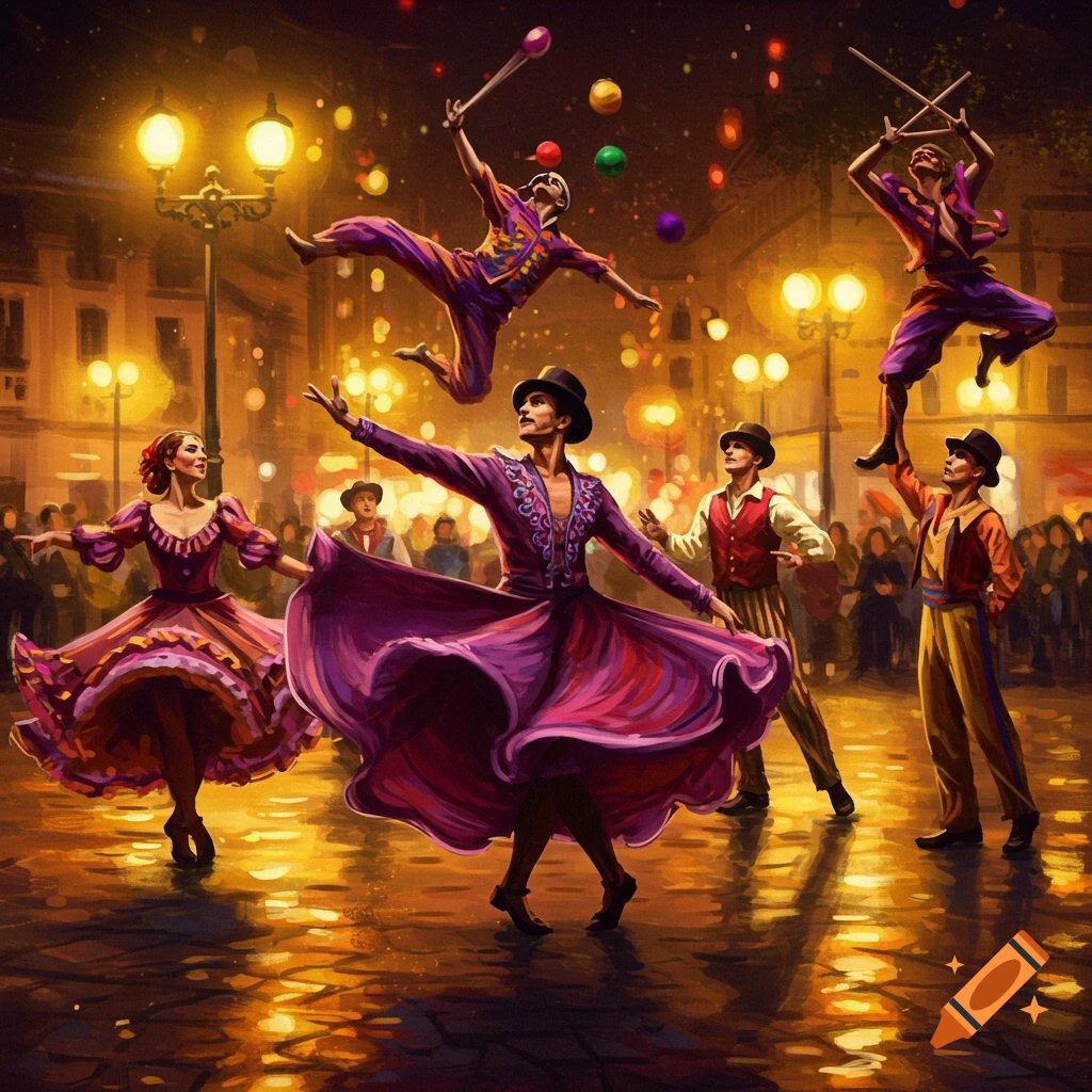 Vibrant painterly scene of street performers dancing and juggling under warm city lights at night.