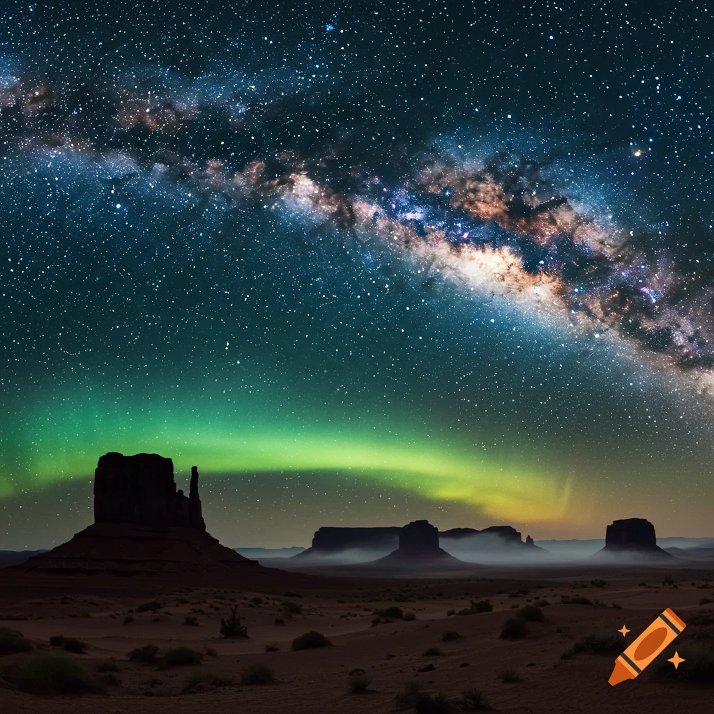 The vast, colorful band of the Milky Way arcs across a star-filled dark blue sky, with a green aurora glow illuminating the horizon over dark desert buttes.