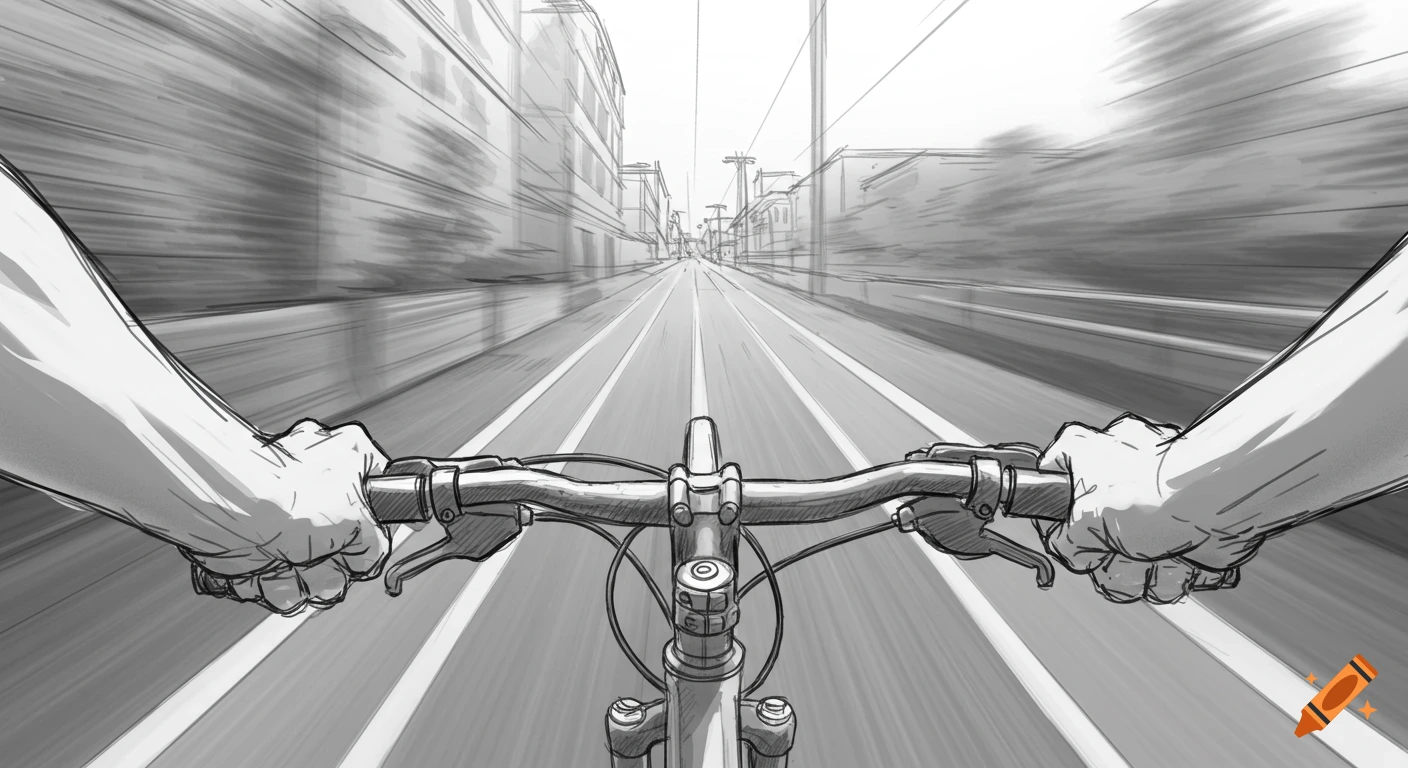 First-person perspective pencil sketch of hands gripping bicycle handlebars on a city street with motion blur.