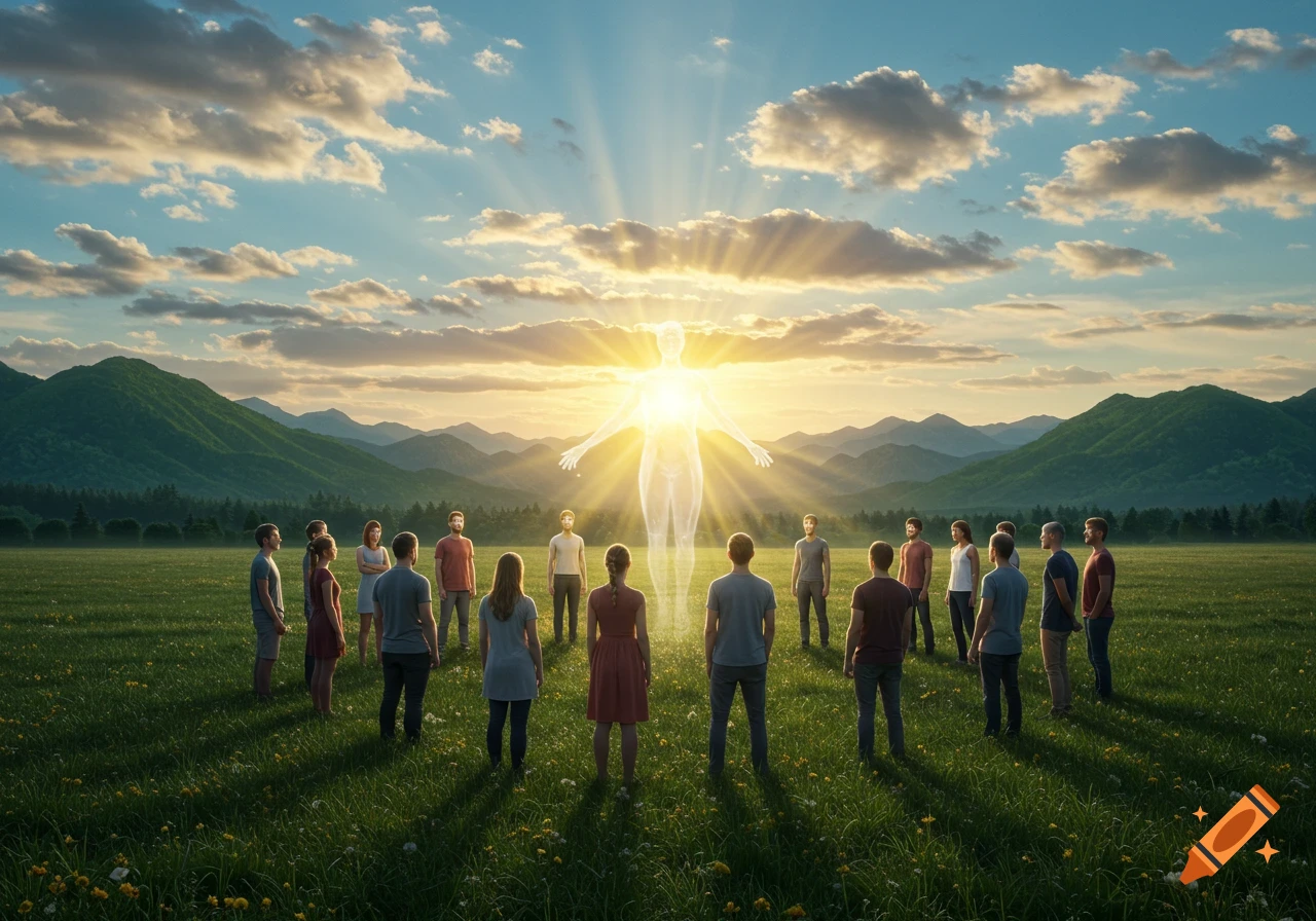 People stand in a field, gazing at a radiant, glowing figure against a sunset sky with mountains in the background.
