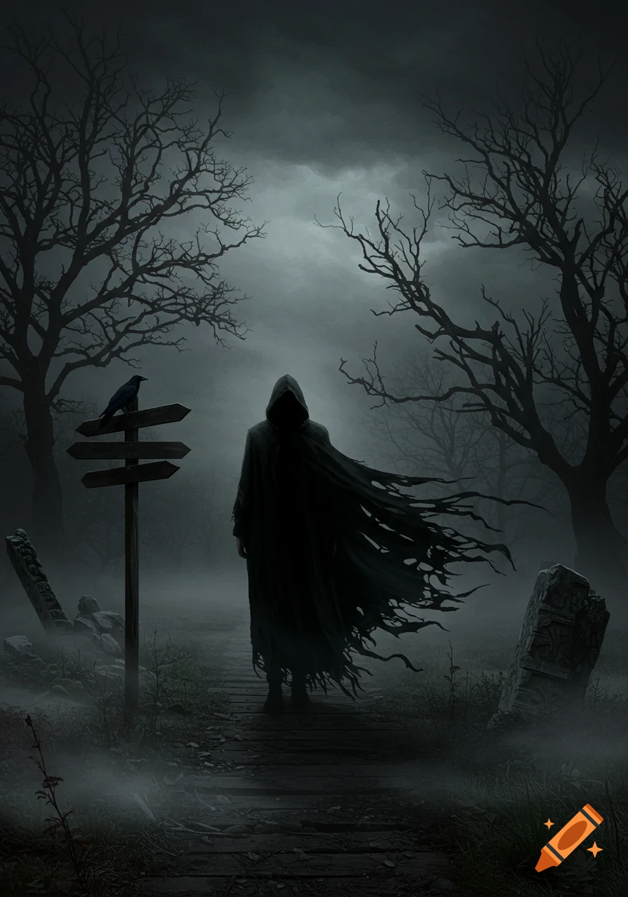 A dark, hooded figure stands on a misty path in a barren forest or graveyard, with a raven on a signpost and tombstones.