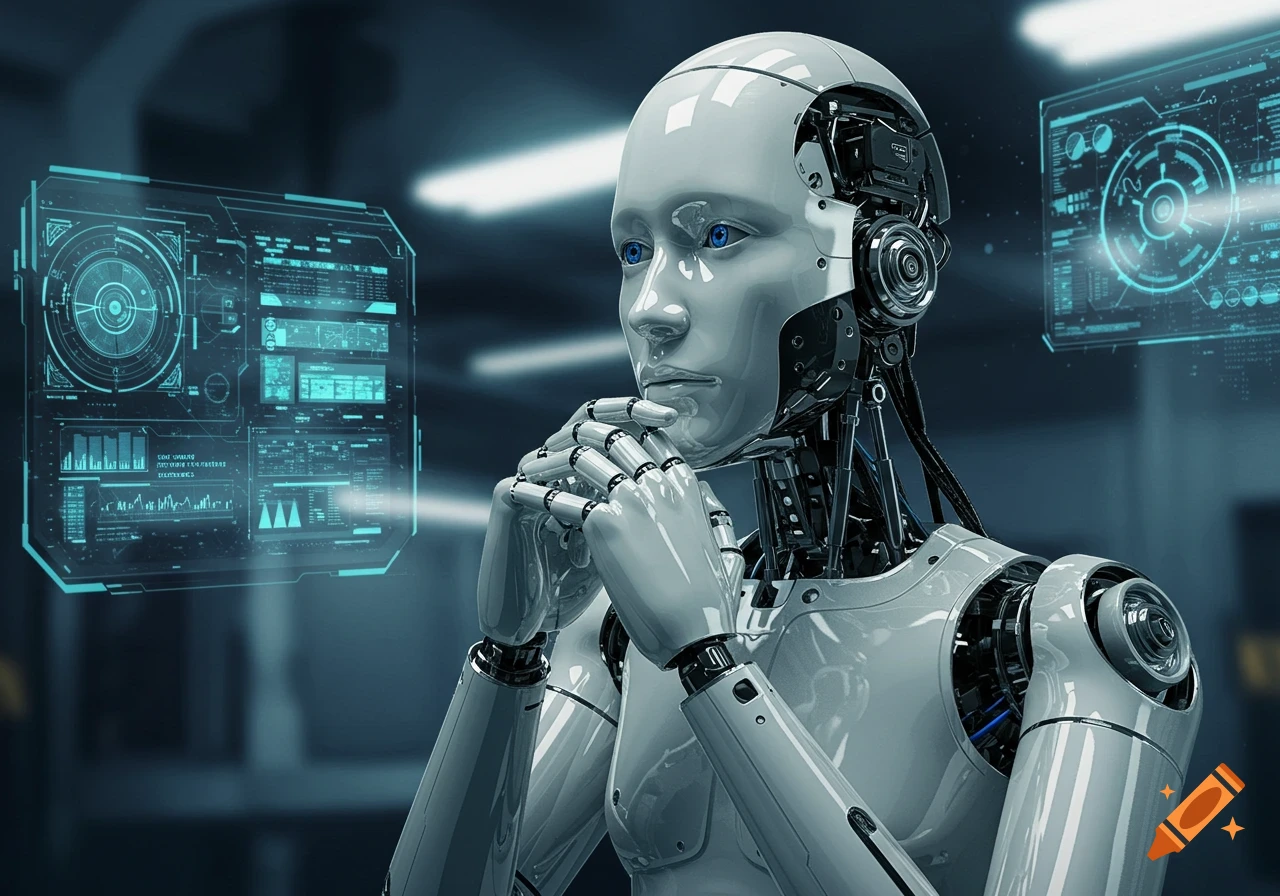Photorealistic image of a white robot with blue eyes, deep in thought, looking at holographic screens displaying data.