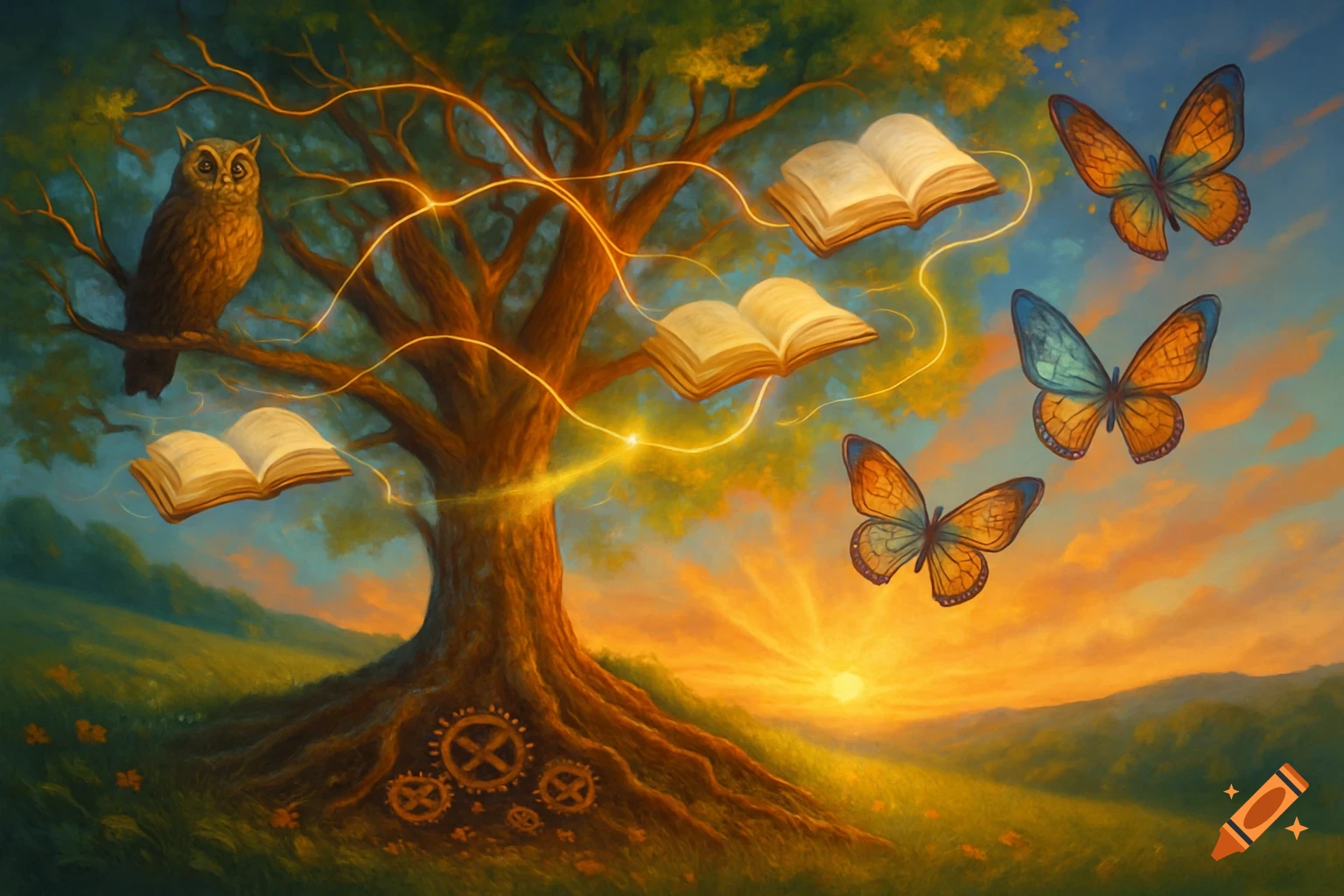 Dreamlike illustration of an owl in a glowing tree with floating open books and butterflies at sunset.