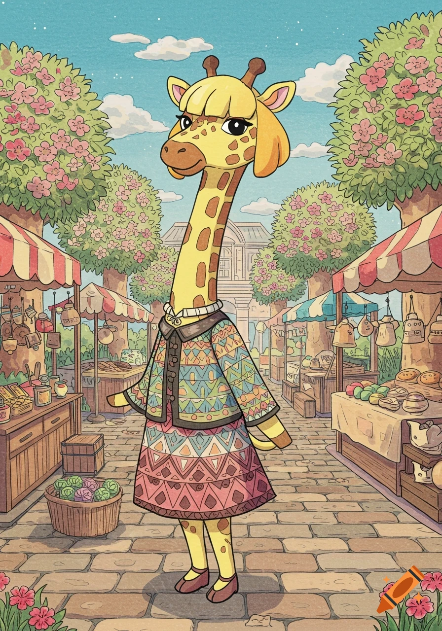 A cartoon giraffe in a colorful dress and jacket stands on a cobblestone street at a bustling outdoor market with stalls and flowering trees, in an Animal Crossing style.