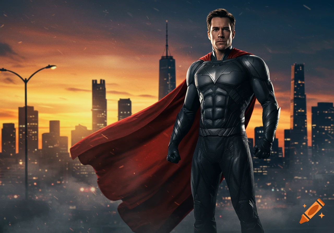 A male superhero in a dark, armored suit and red cape stands before a sunset cityscape, looking serious.