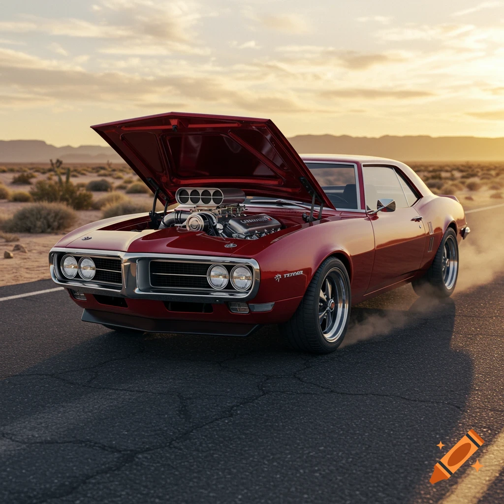 A gleaming red classic muscle car with its hood open, revealing a supercharged engine, parked on a desert road at sunset. Smoke billows from a rear tire.
