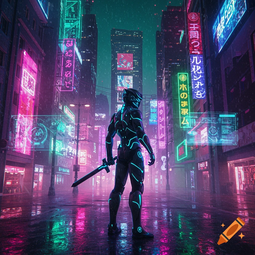 A futuristic warrior with a sword stands in a rain-slicked, neon-lit cyberpunk city, rendered in anime style.