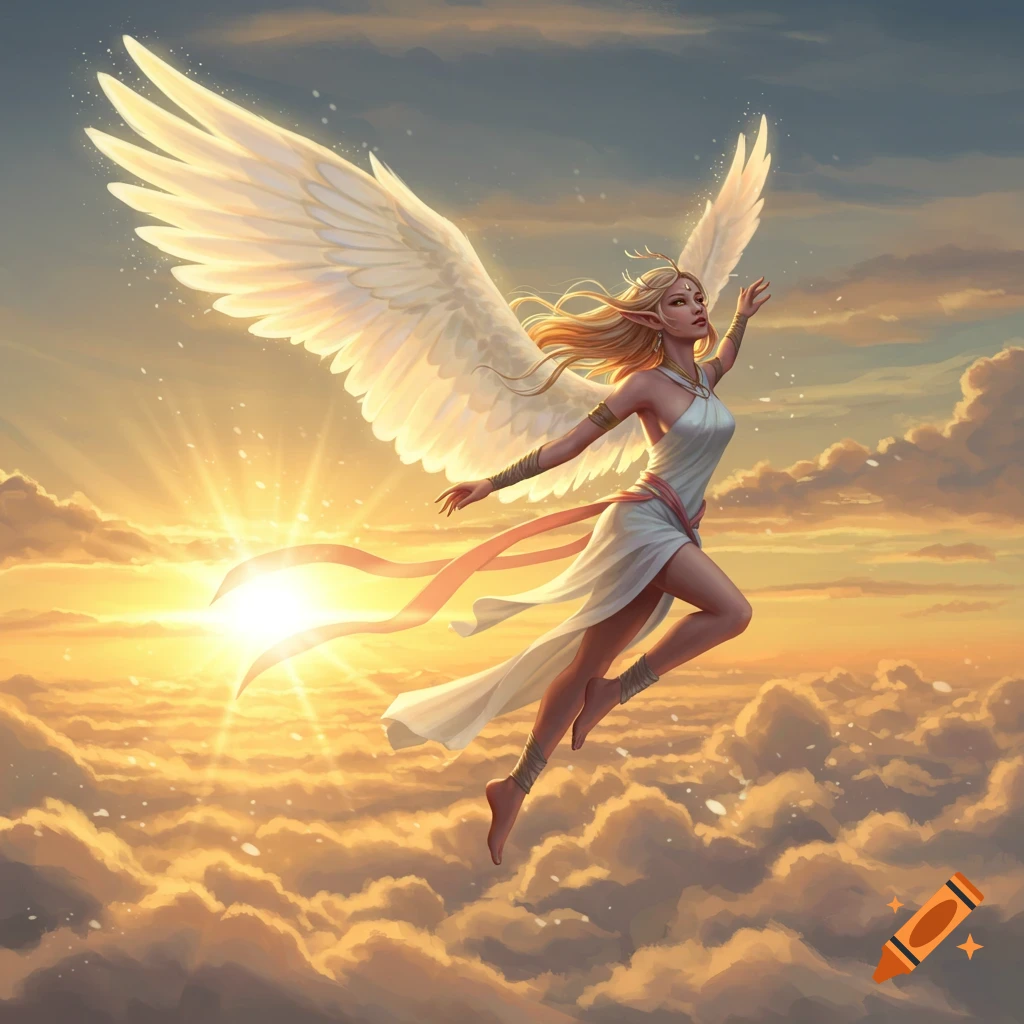 An ethereal winged woman in a white dress soars gracefully through a cloudy sky at sunset, with a radiant sunburst behind her.