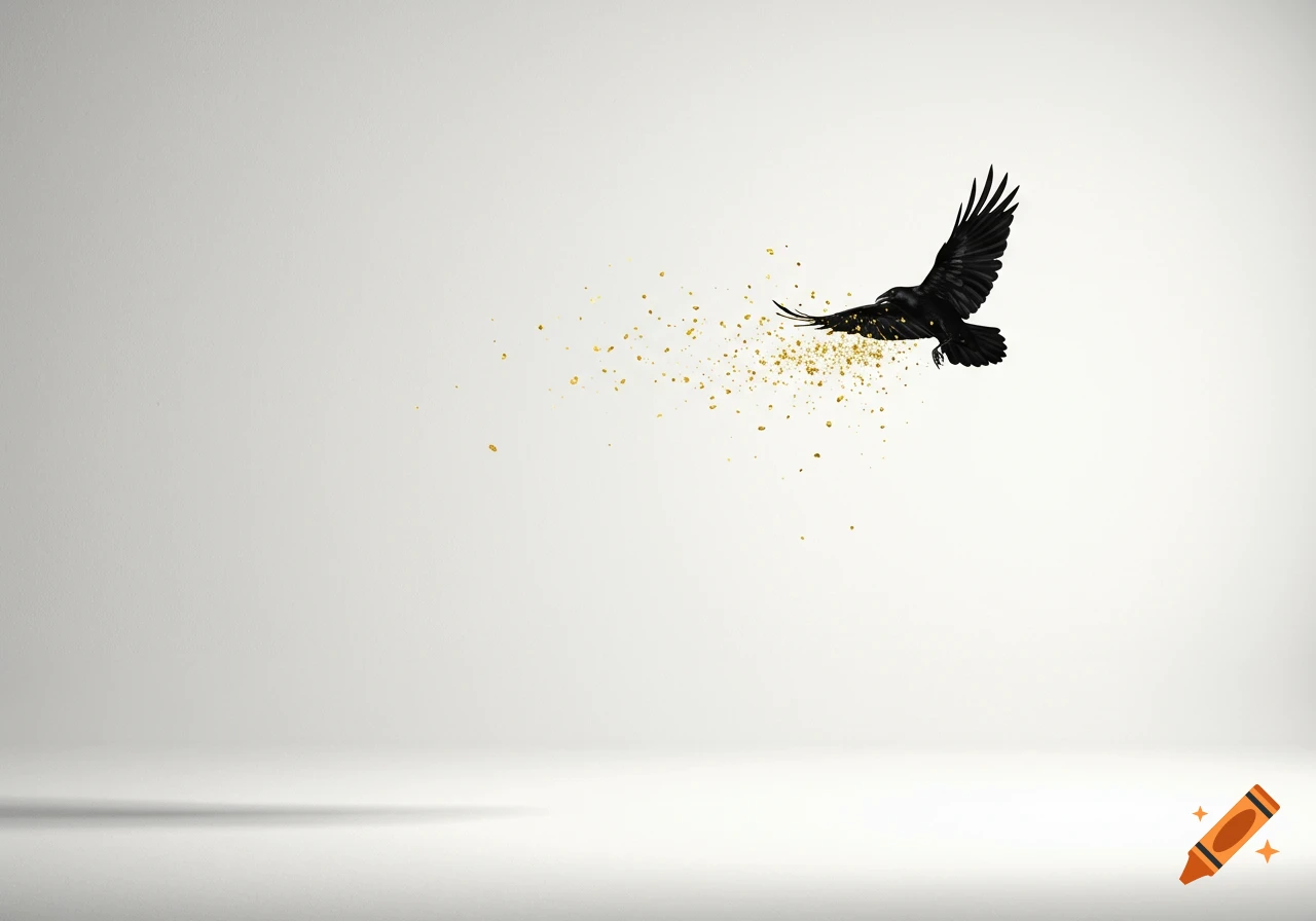 A black bird with wings spread flies through a light gray space, leaving a trail of golden dust.