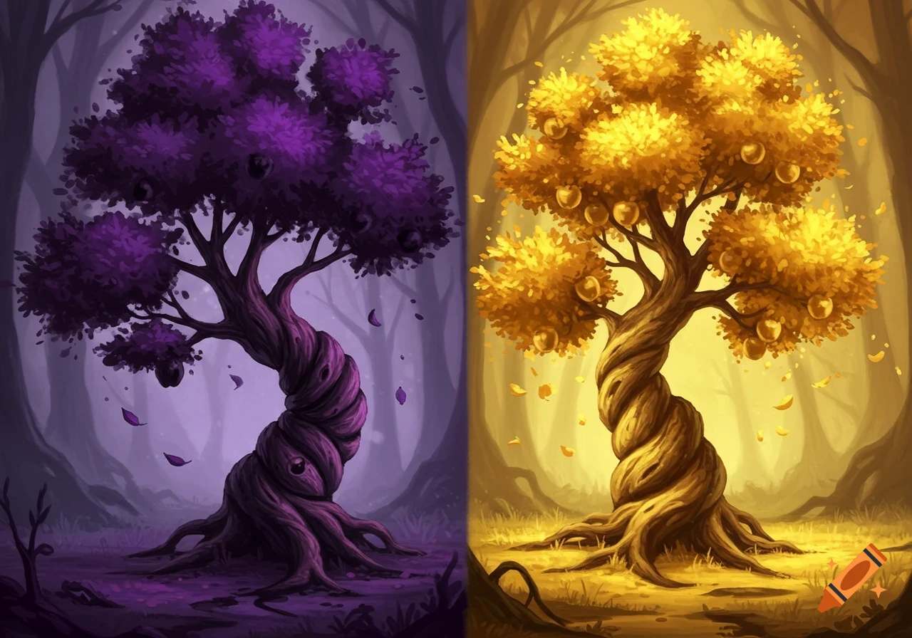 A stylized illustration of two trees, one purple with dark fruit in a shadowy forest, and one golden with golden apples in a sunny forest, split down the middle.