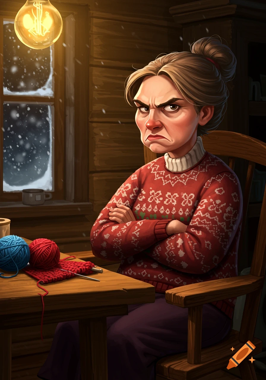 A grumpy woman in a red Christmas sweater sits at a table knitting blue and red yarn, with snow falling outside a window.