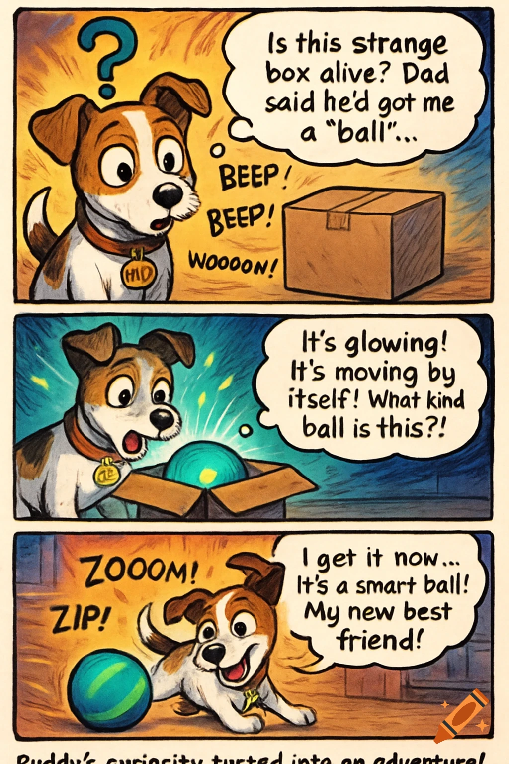 A three-panel comic strip in a cartoon style shows a dog named Buddy discovering a smart ball. He looks curious, then amazed as it glows, and finally happy while playing with it.