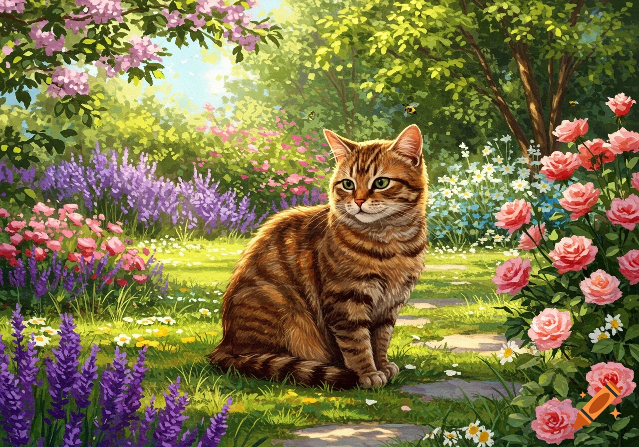 A tabby cat sits on a stone path in a vibrant, sunlit garden filled with colorful flowers and green foliage, in an illustrative style.