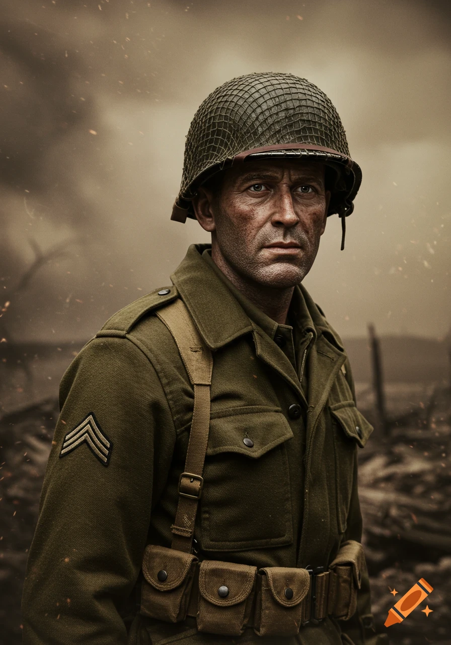 Photorealistic portrait of a grim WWII-era GI in a helmet with a dirty face against a smoky, war-torn background.