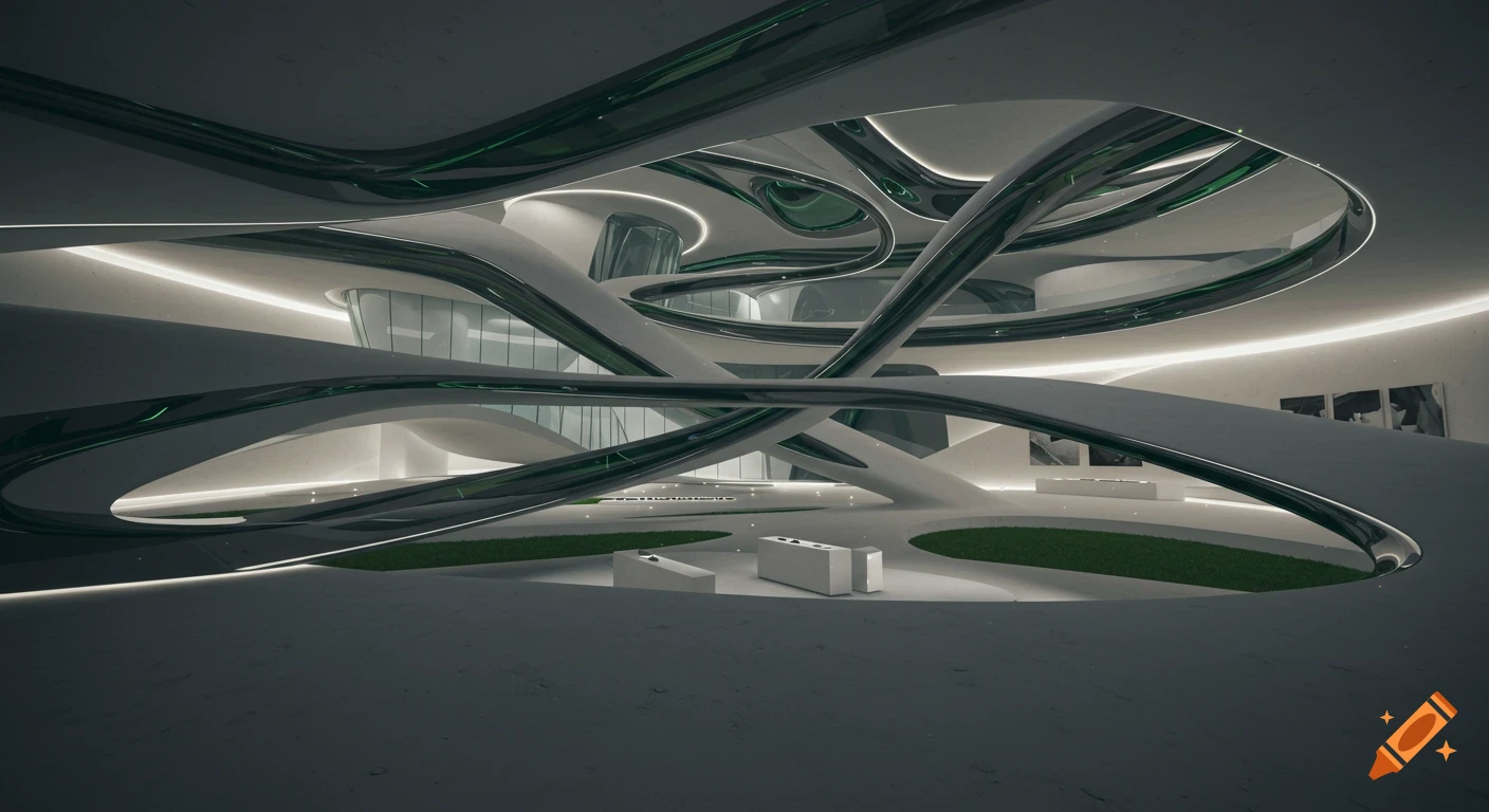 A futuristic art gallery interior with flowing white and green metallic structures, illuminated curves, and minimalist green grass sections.