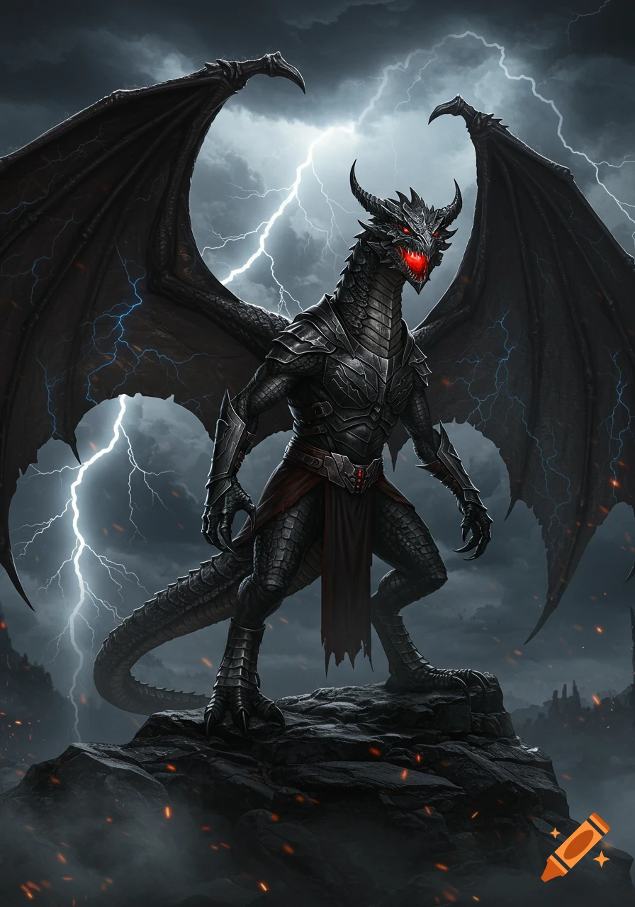 A menacing black dragon-like creature with glowing red eyes and horns stands on a rocky peak amidst a stormy sky with lightning.