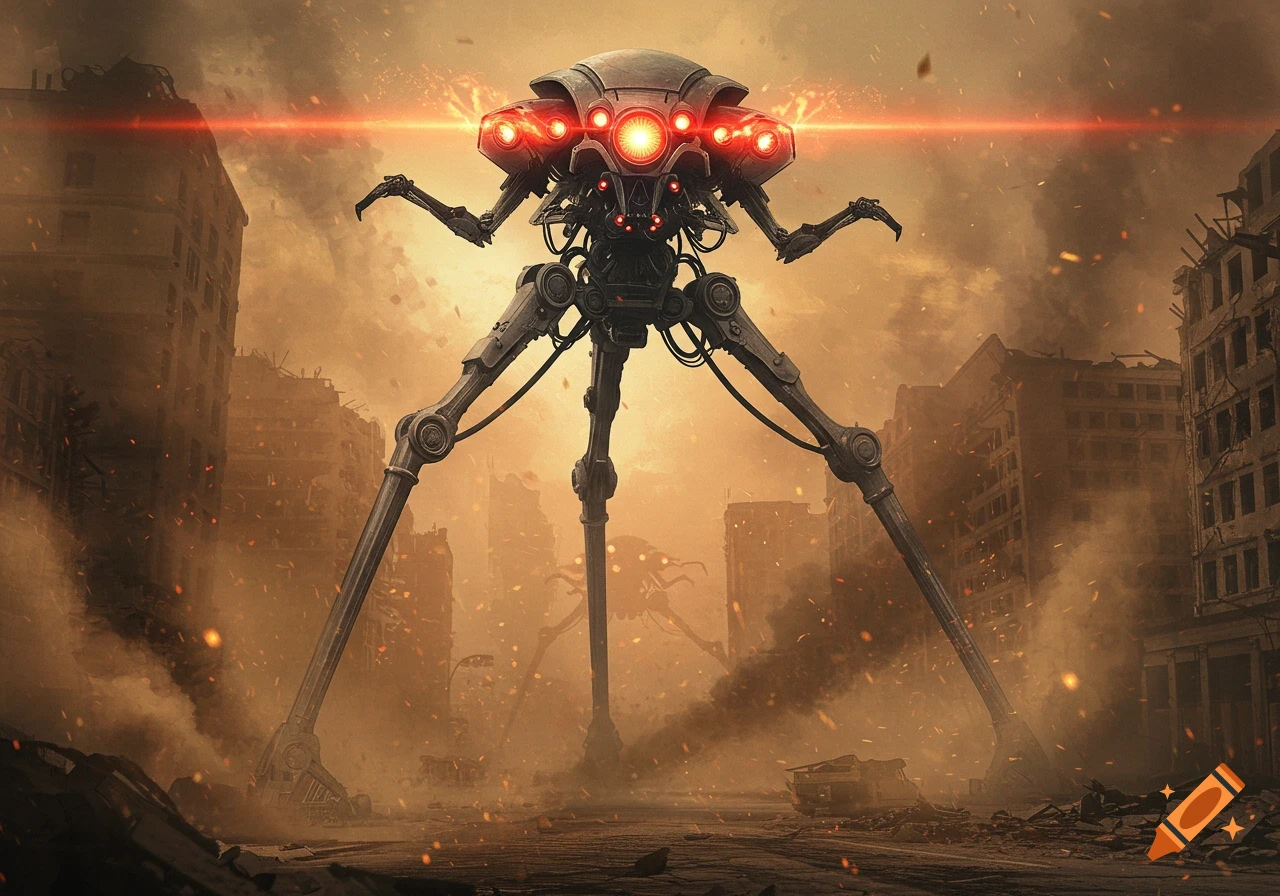 A giant War of the Worlds tripod alien machine with glowing red eyes stands in a destroyed, smoky city under an orange sky.