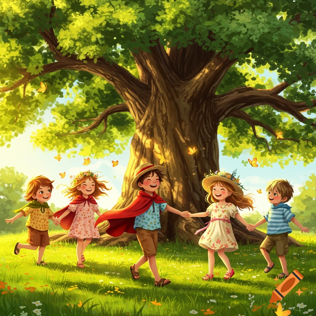 Five happy children holding hands and running through a sunny grassy field with butterflies under a large, leafy tree, in an illustration style.