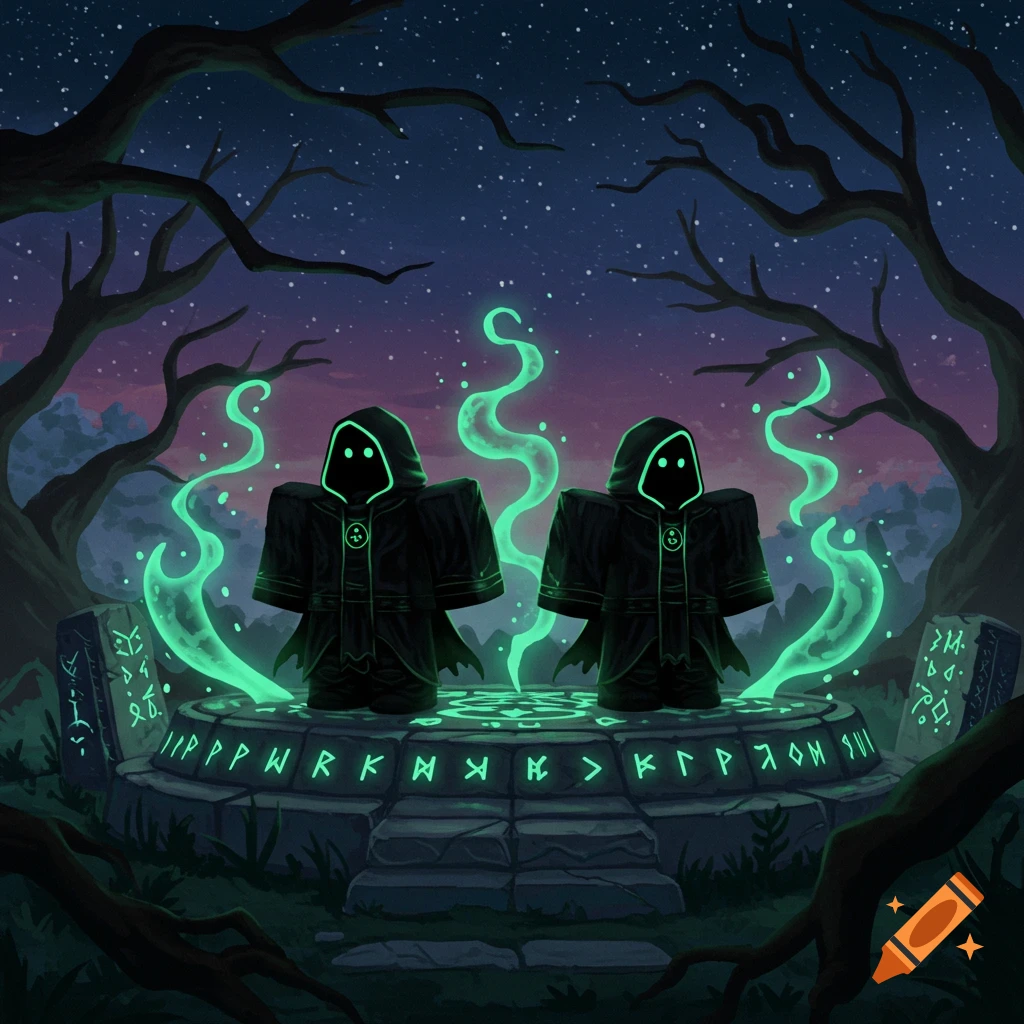Two glowing hooded figures resembling Roblox avatars stand on a runic pedestal in a dark, starry forest.