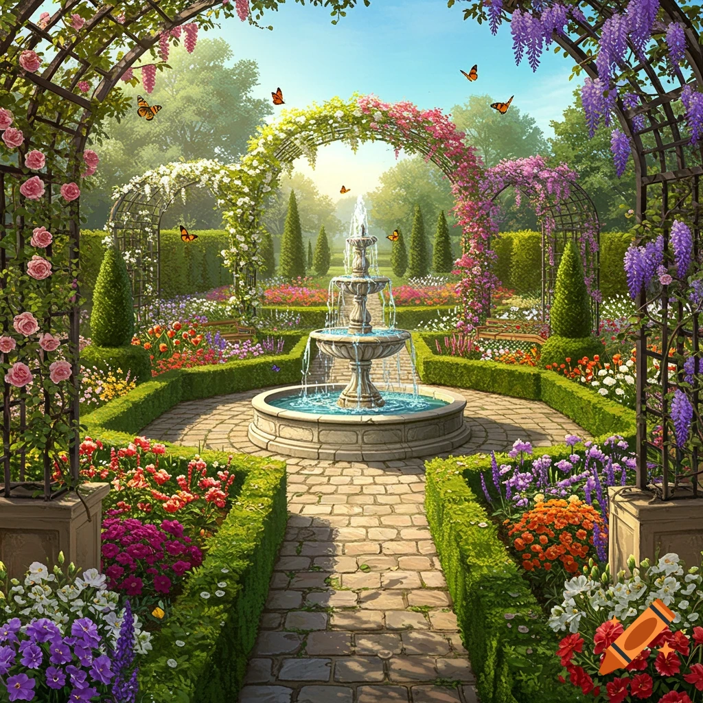 A vibrant, ornate garden with a tiered fountain, flower-covered arched trellises, and a stone pathway.