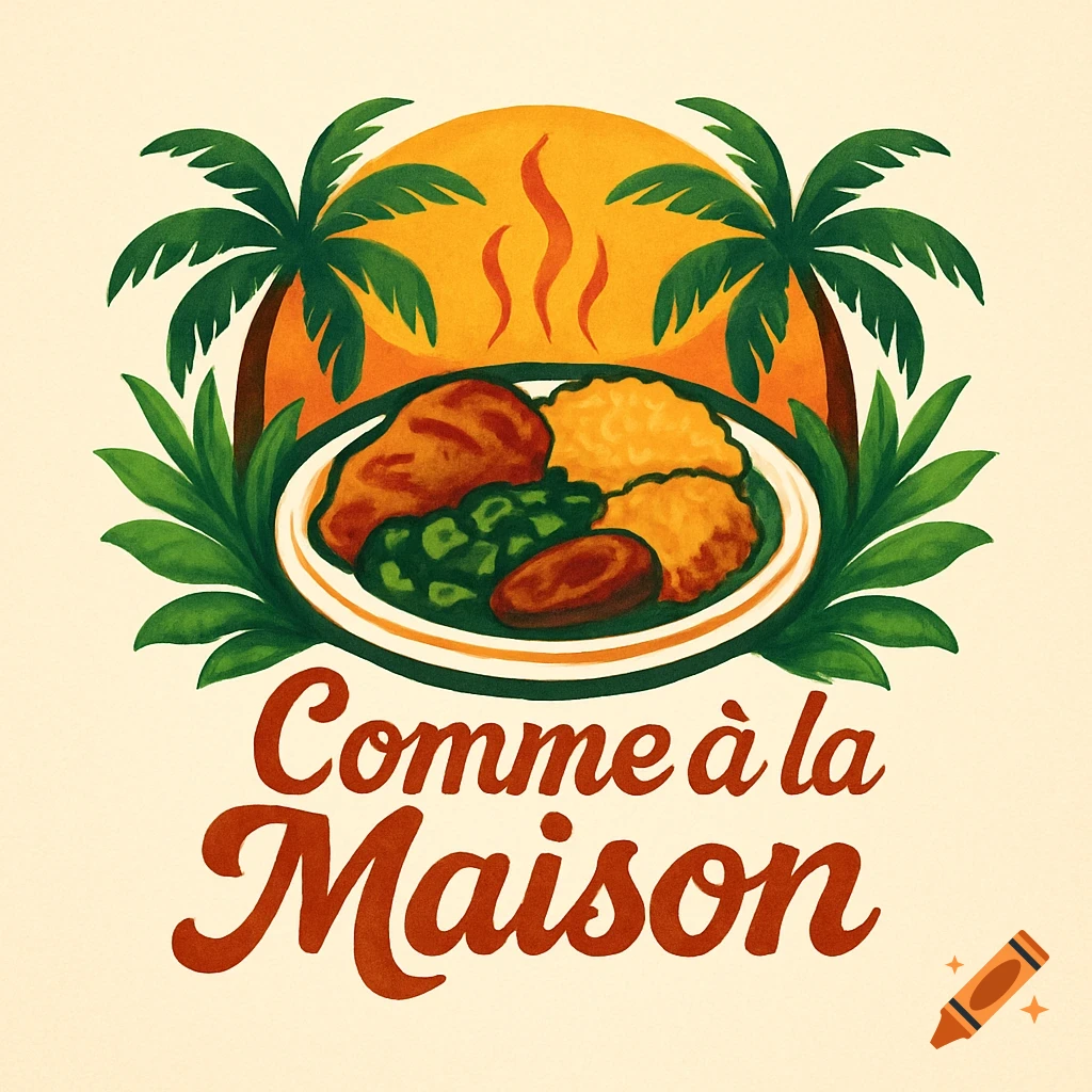 Stylized logo featuring a plate of Caribbean food with palm trees and a sunset, text reads 'Comme à la Maison'.