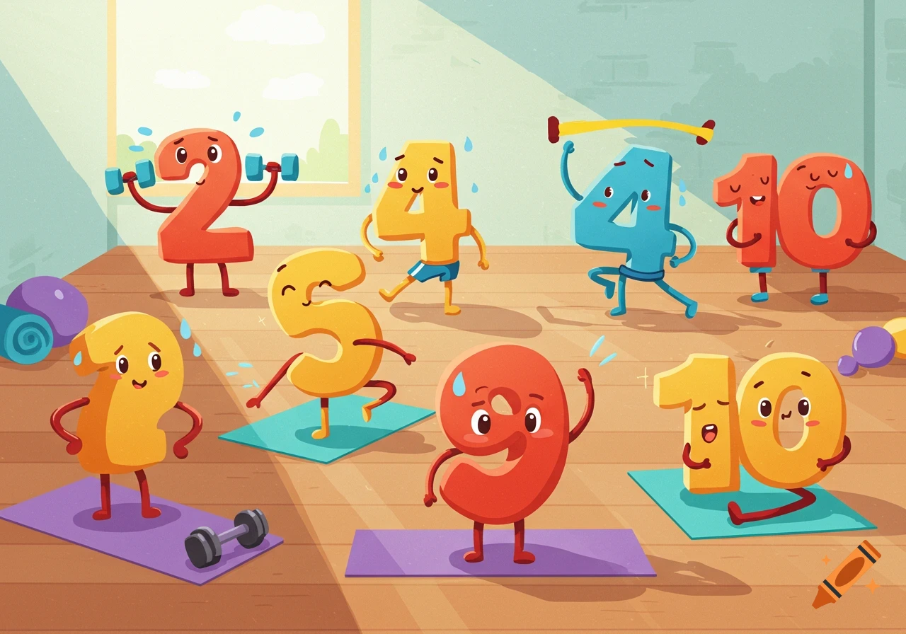 A colorful cartoon illustration of anthropomorphic numbers 2, 4, 5, 9, and two 10s working out in a brightly lit room with gym equipment.