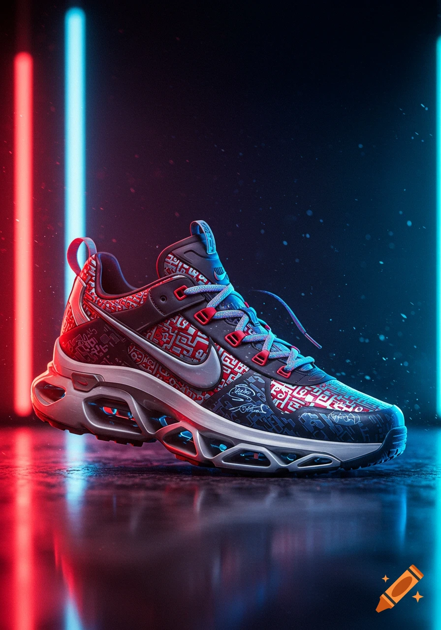 A stylized Nike-like sneaker with red and blue patterns, gray and white accents, illuminated by neon red and blue lights.