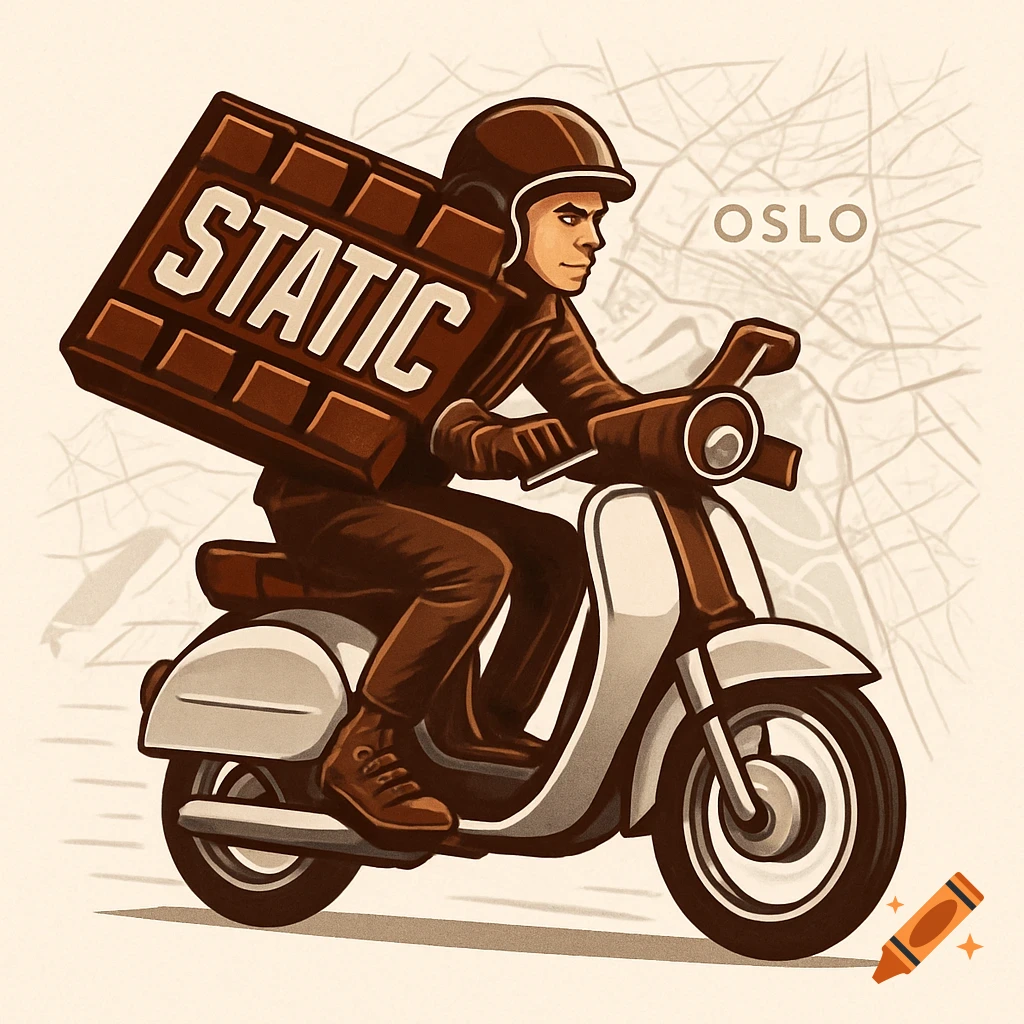 An illustration of a delivery driver on a moped carrying a large chocolate bar that says "STATIC" on its back, with an outline of the Oslo map in the background.