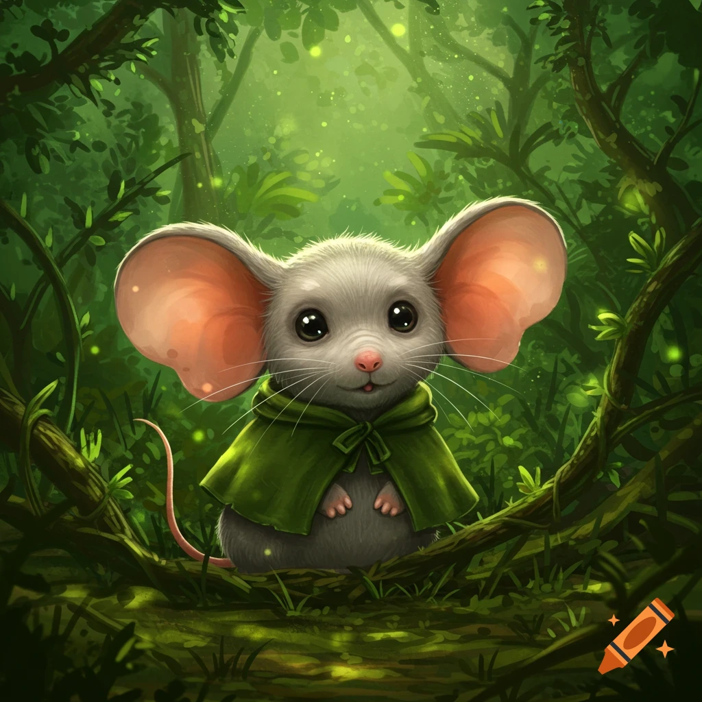 A shy, cute mouse with large ears, wearing a green cape, peeks through dense jungle foliage with glowing particles.