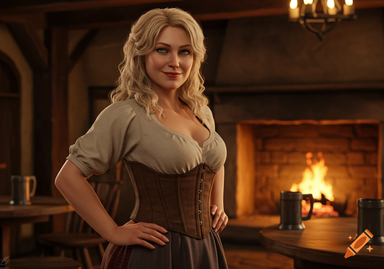 Photorealistic image of a smiling blonde woman in a corset, standing in a warmly lit tavern with a fireplace.