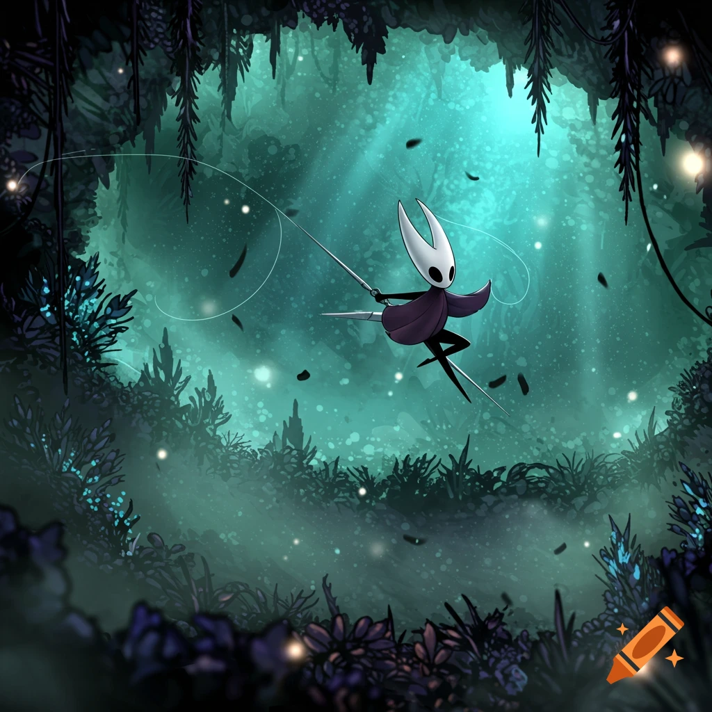 Hornet from Hollow Knight, with her white mask and purple cloak, leaps in a glowing teal forest.