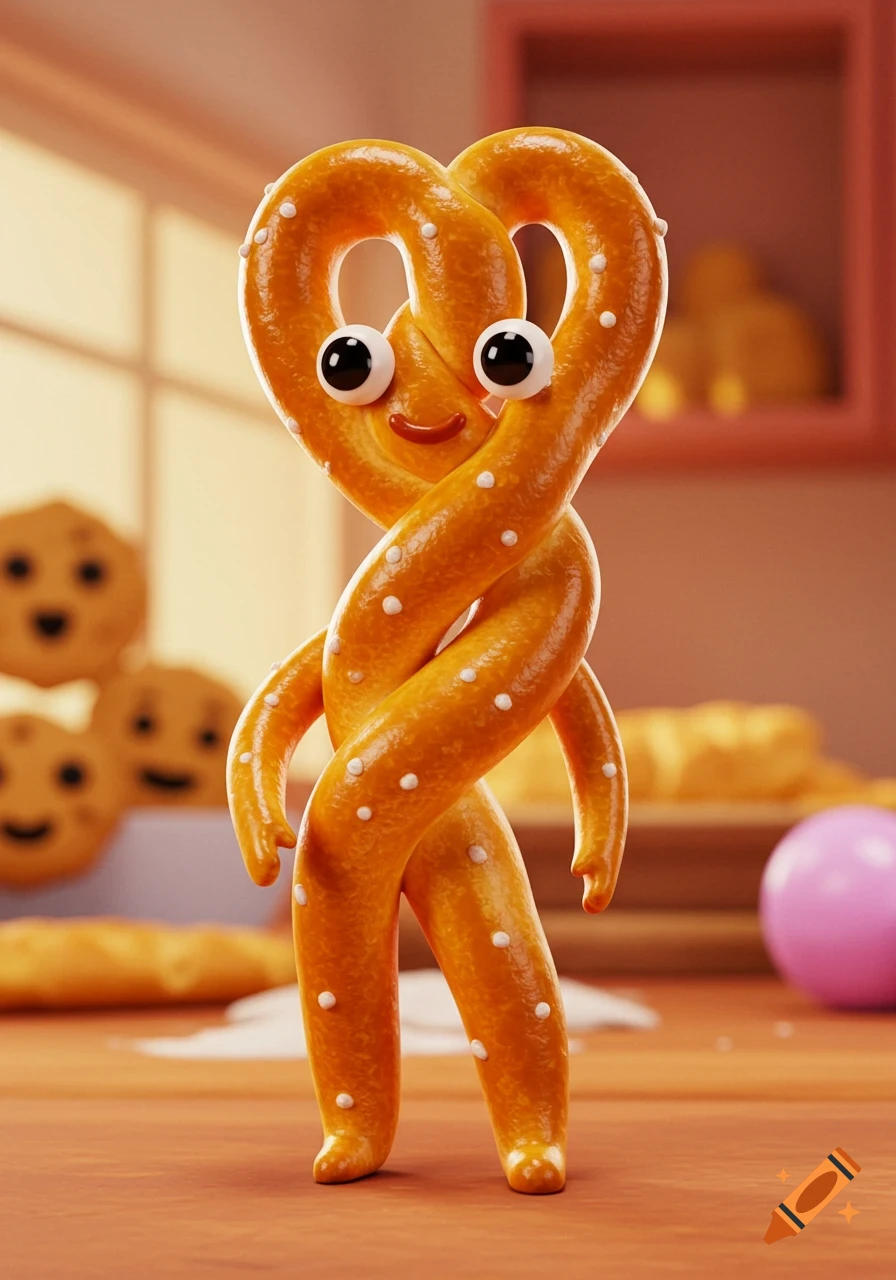 A cute, smiling, anthropomorphic pretzel character with googly eyes stands in a blurry kitchen background.