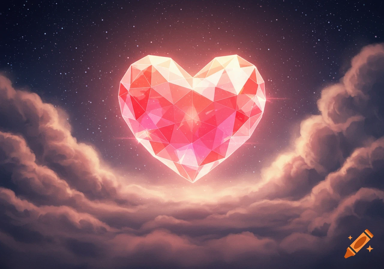 A glowing, faceted pink heart floats in a dark starry sky amidst soft clouds.