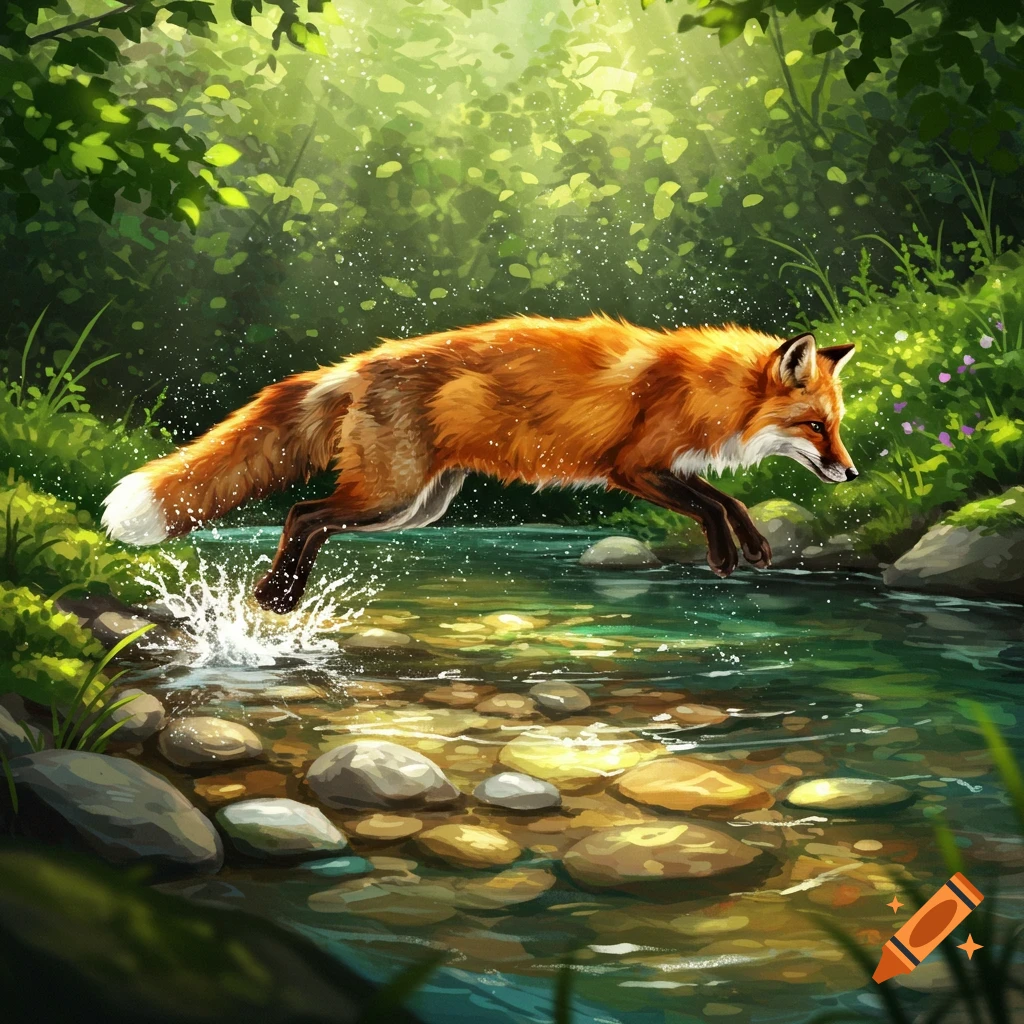 A vibrant digital painting of a red fox leaping over a rocky, shallow river in a sunlit green forest.
