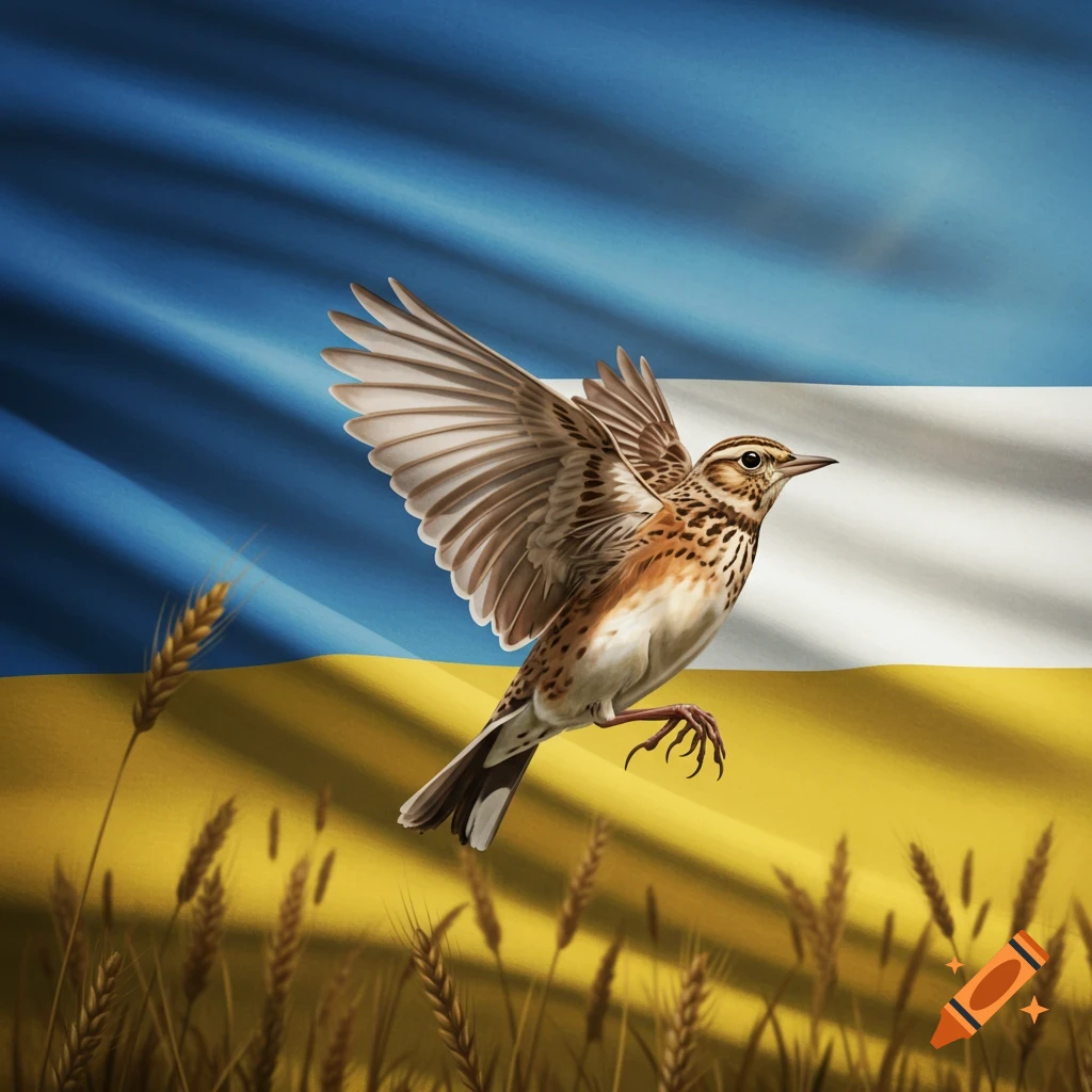 A realistic illustration of a lark with spread wings flying over wheat stalks, set against a waving blue and yellow flag.