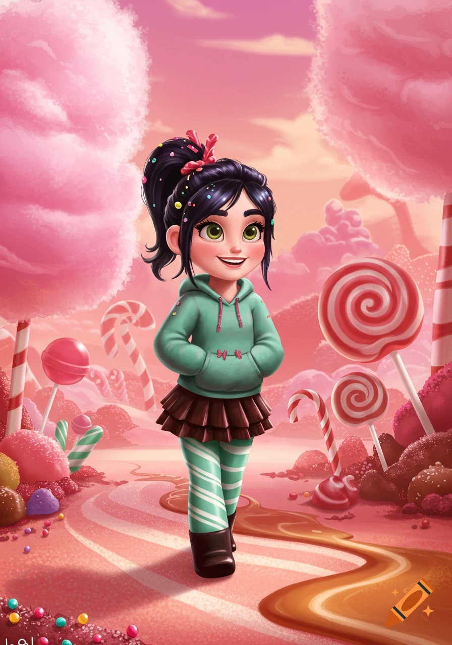 Vanellope von Schweetz smiles, walking through a vibrant, pink candy land filled with cotton candy trees and lollipops, in a cartoon style.