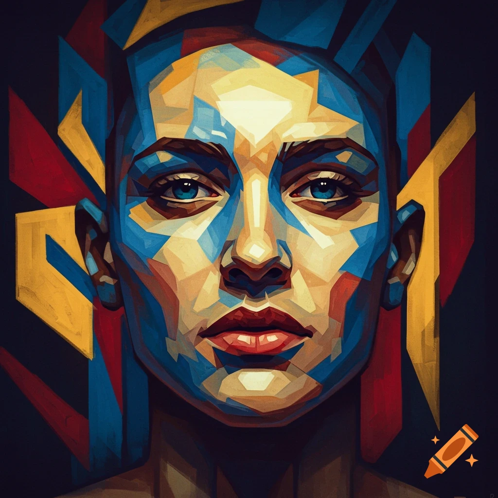 Close-up cubist portrait of a face rendered with bold blue, yellow, and red geometric shapes on a dark background.